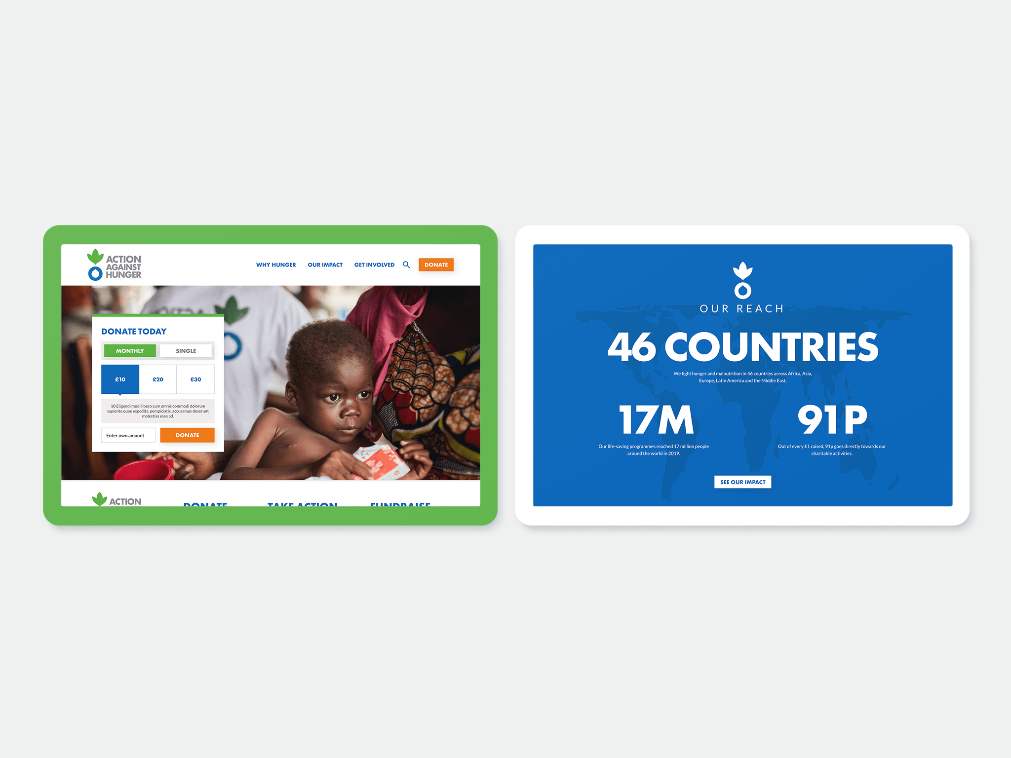 Action Against Hunger website design on two tablets