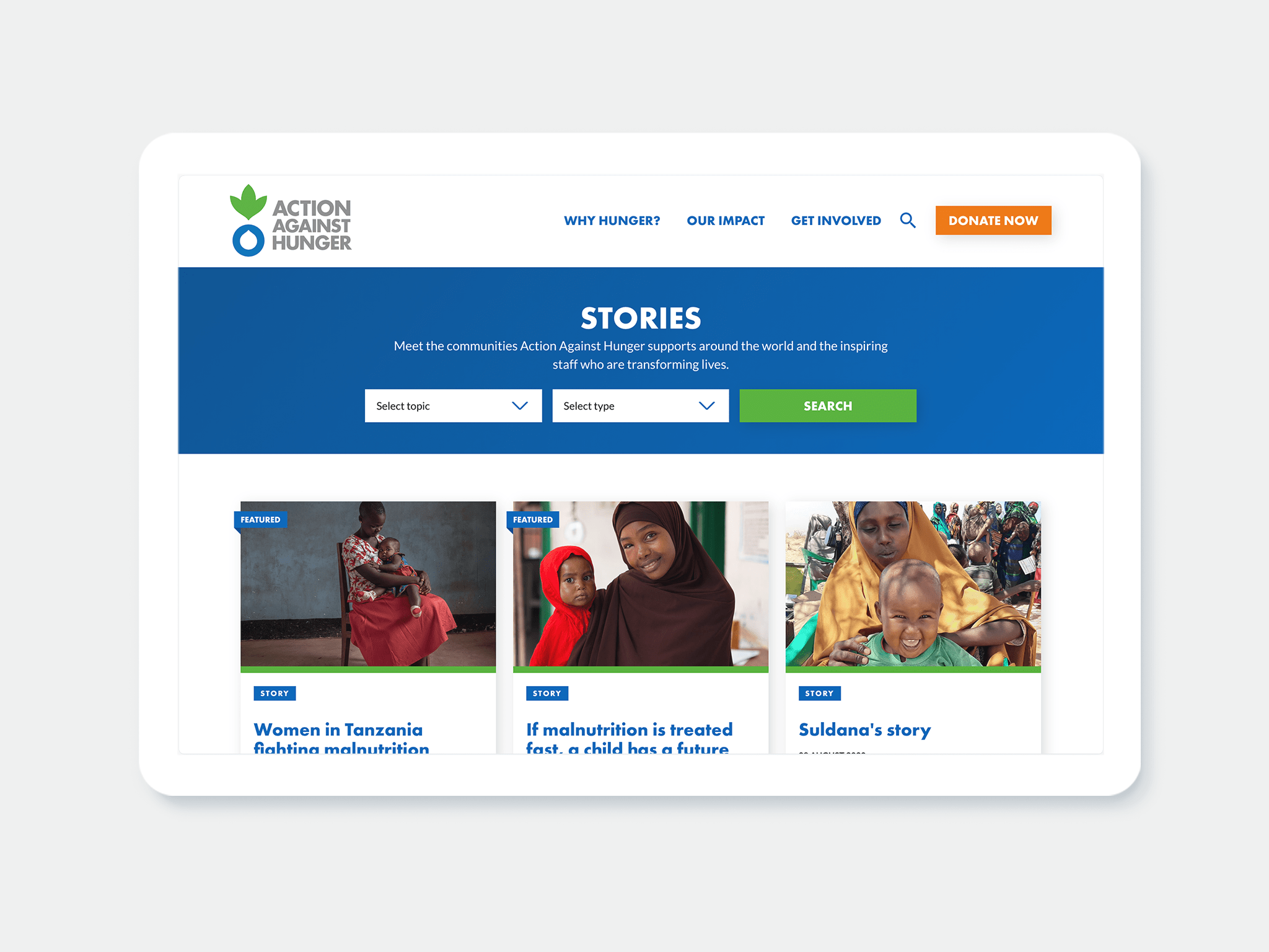 The Stories page on the AAH website