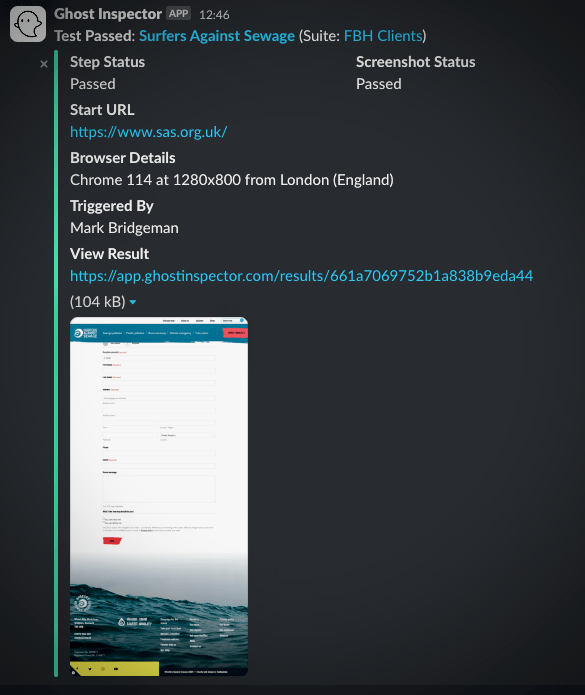 A screenshot of the results of an automated test, posted to an internal board.