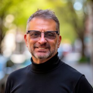 Marcus Aurelius Antoninus Watson, a middle-aged man with short gray hair, beard, and glasses, smiles outdoors in a black turtleneck. The blurred greenery and cityscape behind him suggest a pleasant day.