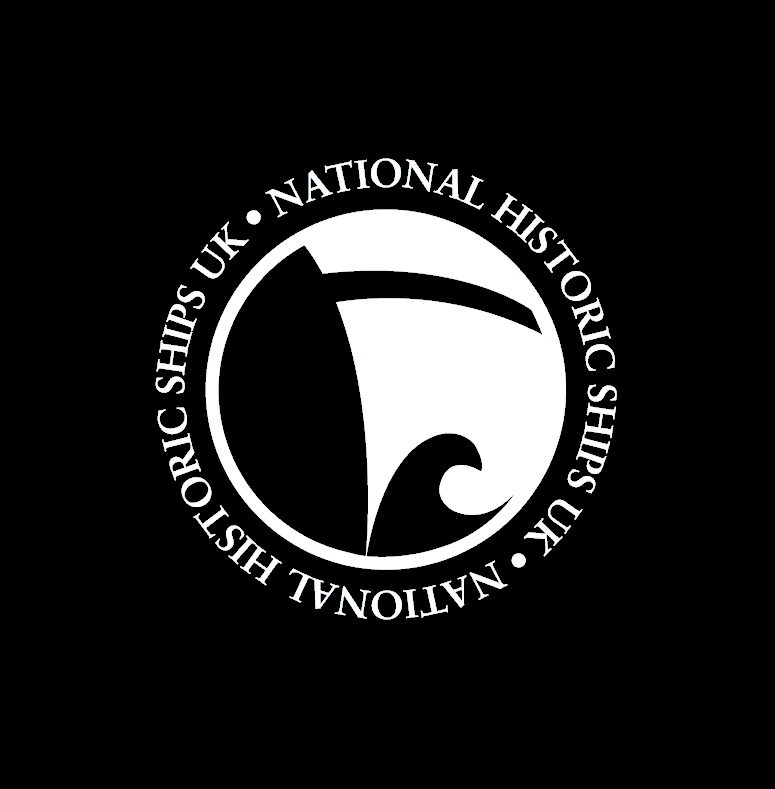 Logo of National Historic Ships UK featuring a stylized sailboat and wave inside a circle, with the organization’s name written around the edge on a black background.